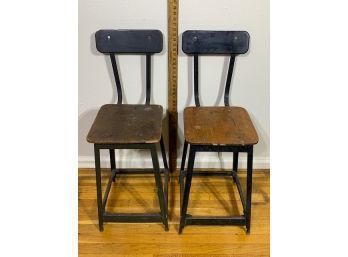 Pair Of Vintage Bar Stools With Wooden Seats