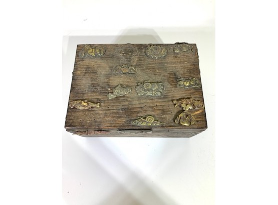 Antique Wooden Box With Embossed  Assorted 'charms'