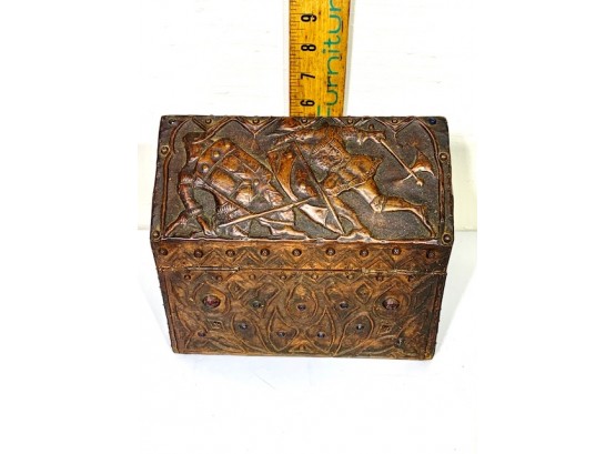 Antique FANTASTIC! Copper Jewelry Box Embossed Viking Soldiers With Top Locked Compartment!
