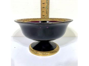 Vintage Deep Ruby With Gold Embossed Rim Footed Glass Fruit Bowl