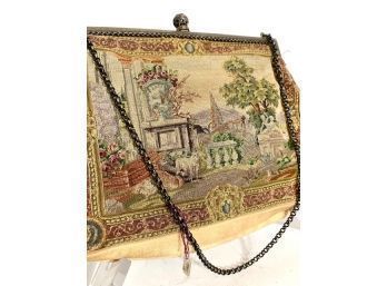 Antique Petit Point Double Sided Evening Bag Brass Frame With Mirror And Change Purse