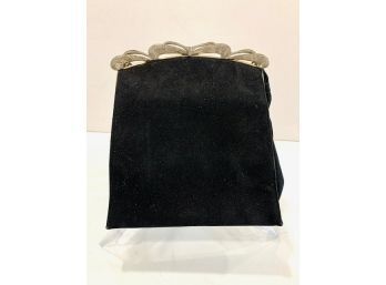 Vintage Black Suede Bag With Handles And Silver Frame