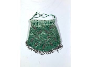 Lovely Antique Steel Cut Beads On Green Velvet Bag
