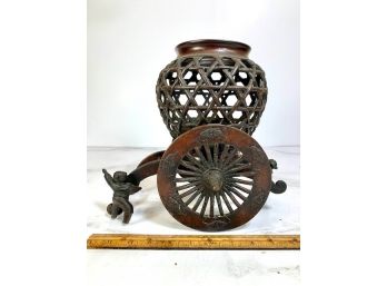 Antique Japanese Open Work Pot Within Two Wheeled Carrier ~ See Two Men