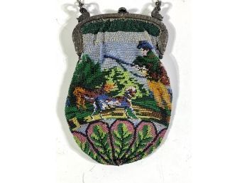 Antique Double Sided Beaded Dog Hunting Scene Purse