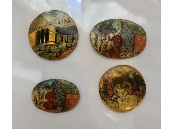 4 Hand Painted Persian Scenes On Mother Of Pearl Discs