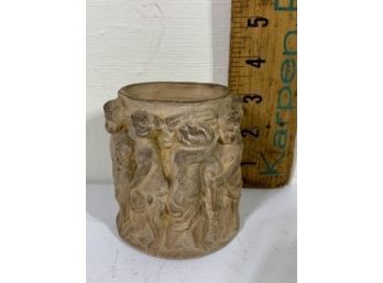 Antique Carved Terracotta Angemoric Impruneta Small Pot With Carved Cherubs