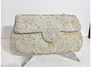 White Beaded Floral Over Silk Clutch