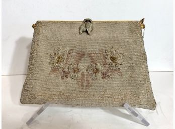 Antique Beaded Floral Purse With Beaded Handle Nice Satin  Interior