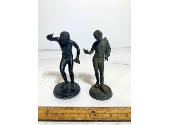 Pair Of Male Nude Diminutive Bronze Sculptures ~ One Playing Cymbals, One With Draping Over Shoulder