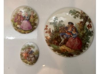 3 Porcelain Disc, 2 Hand Painted 1  3' Marked S.D. Baker Corp