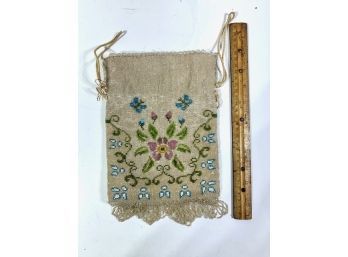 Vintage Drawstring Beaded Bag With Butterflies And Flowers!
