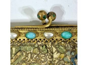 ELEGANCE! Asian Embroidered Silk Purse With Brass Jeweled Frame Turquoise And Pearl Beaded Frame