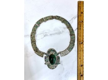 Vintage Aztec Malachite Mexican Silver Necklace