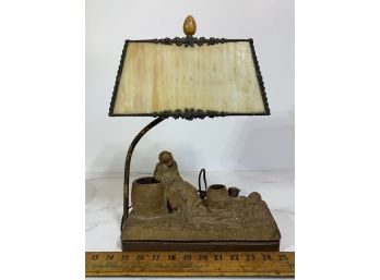 Vintage Lamp With Slag Shade Man Watching Over Sleeping Boy