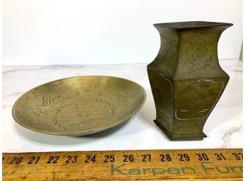 Vintage Chinese Etched Dragons Brass Bowl 10' And Vase Both Marked China