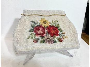 White Purse With Beading And Floral Petit Point