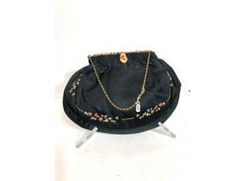 Floral Embroidered And Beaded Black Purse