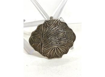 Silver Embossed Shell Shaped Compact With Loop For Chain On Back