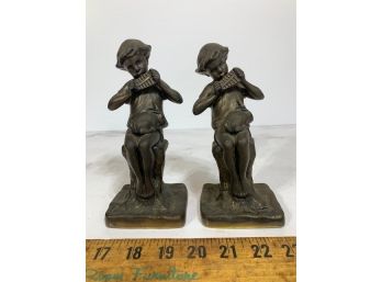 Pair Of Jennings Bros. JB 1686 Galvano Bronze Bookends Boy Pan Flute Pied Piper