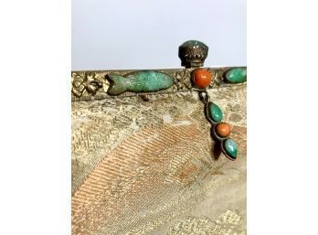 Asian Silk Pattern Jeweled Coral And Jade Clasp/frame