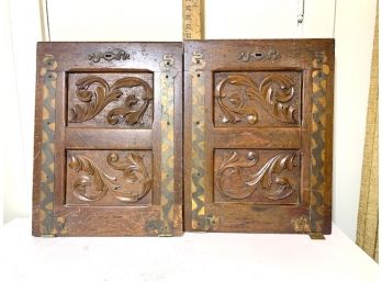 Antique ~  2 Architectural Solid Oak Panels With Brass Straps