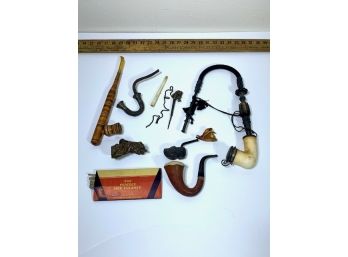 Group Of 9 Antique Pipes, Meerschaum, Wood, Metal, Etc