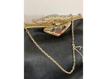 Exquisite Black Purse With Brass Beaded And Enamel Frame/clasp