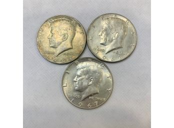 3 Kennedy Half Dollars 1967