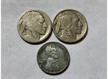 2 Indian Head Nickels And One 1943 Steel Penny