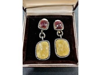 Stunning Pair Of  Earrings ~ Sterling Silver Yellow Sapphire, Ruby With White Topaz Set Around Stones