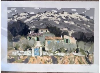 Signed Lithograph French Village Mountain Scene