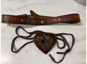 2 Belts Leather USA Tooled And One With Fealthers