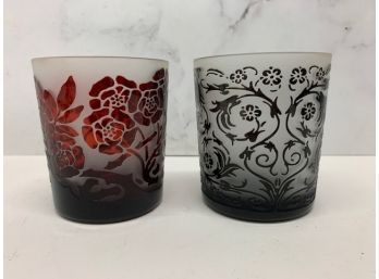 Pair Of Florentine Patterned Frosted Glass Candle Holders
