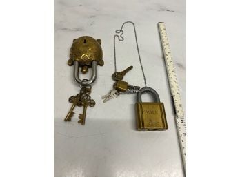 2 Brass Locks Turtle And Yale With Keys, One On Chain