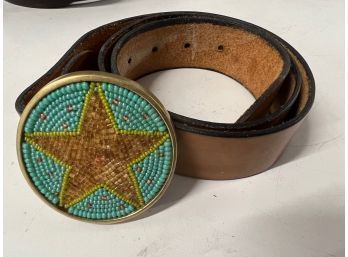 Turquoise And Brass Star Buckle On Leather Belt