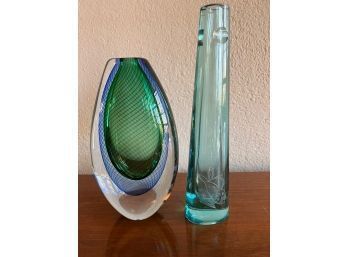 Pair Of Art Glass Vases Blues And Turquoise