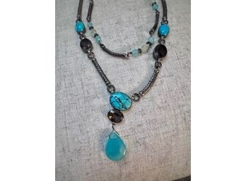 Sterling Silver Necklace With Multi Semi Precious Stones Including Turquoise
