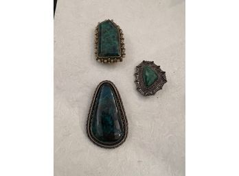 3 Sterling Silver And Malachite Pins