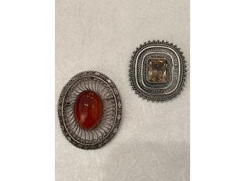 2 Sterling Silver Brooches With Semi Precious Stones