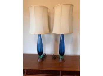 EXCEPTIONAL Pair Of Mid Century Modern Lamps Turquoise To Blue Glass With Wood Base