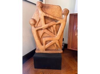 'The Family' Hand Carved Figurative Sculpture On Pedestal  By Listed Artist Azriel Awret