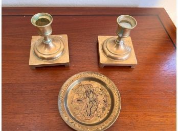 2 Brass Candlesticks And Small Etched Tray With Dove