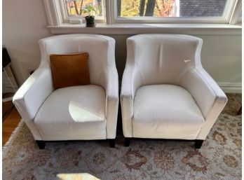 Pair Of White Leather Club Chairs, Needs Some Cleaning On Arm