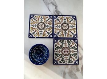 Group Of Hand Painted Tiles And Small Pottery Dish