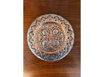 Pewter And Copper Embossed Middle Eastern Plate Approx 8'