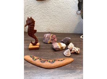 Group Of Shell, Rocks And Hand Painted Boomerang