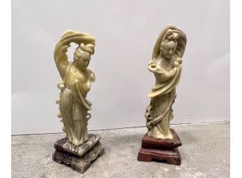 Asian Pair Of Carved Ladies On Marble ~ Figurines