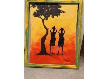 MCM African Painting On Canvas In Hand Painted Frame