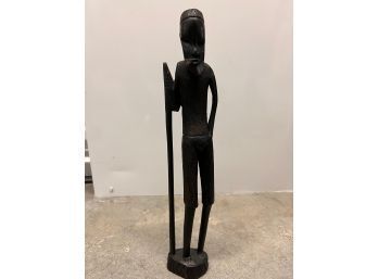 Vintage Carved Wood African Sculpture Wan With Walking Stick
